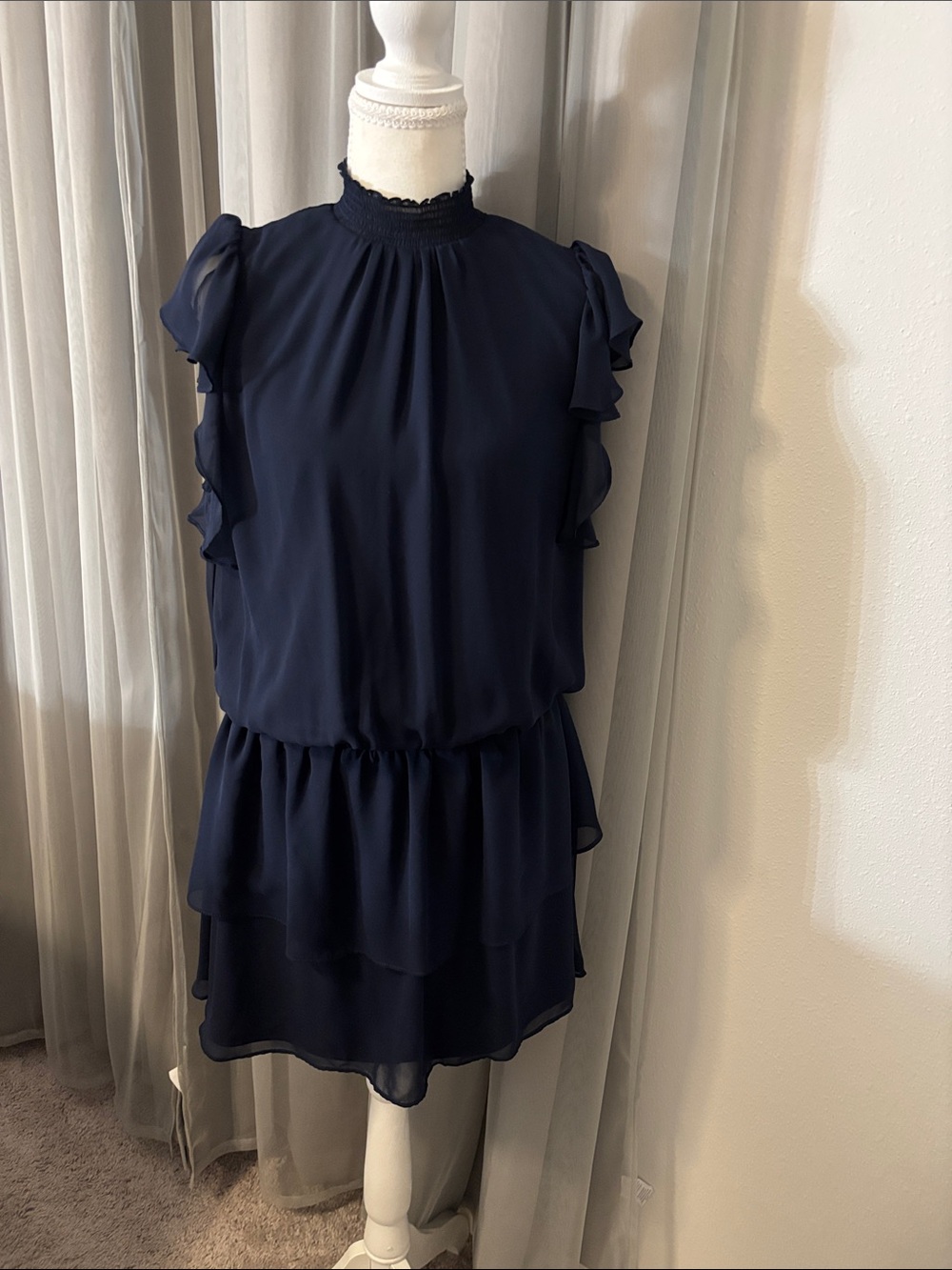 1. STATE Dark Navy Smocked Ruffle Neck Sleeveless Dress
